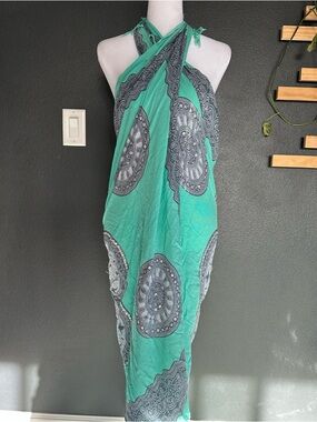 Boho Green & Gray Mandala Print Sarong Wrap | sequined Detail | Beach Cover-Up